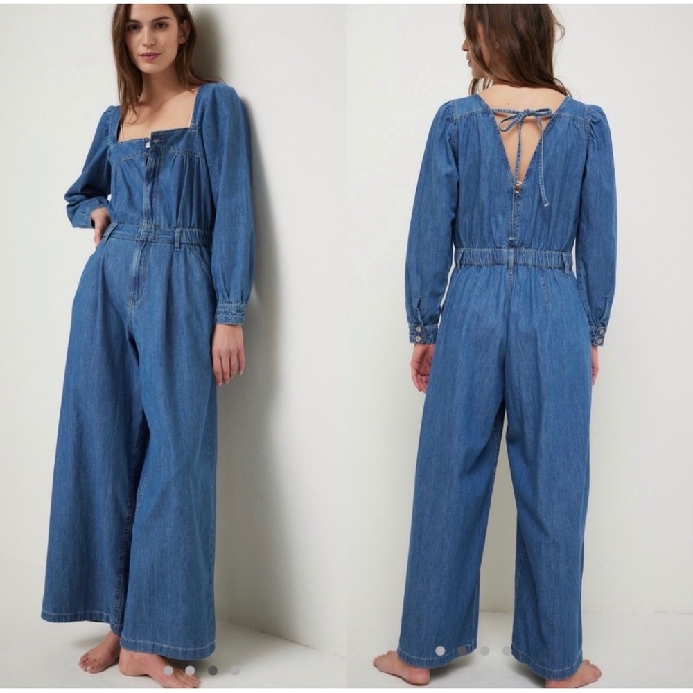 We The Free Free People Denim Jumpsuit Blue Wide Leg Puff Sleeve Tie Back Small